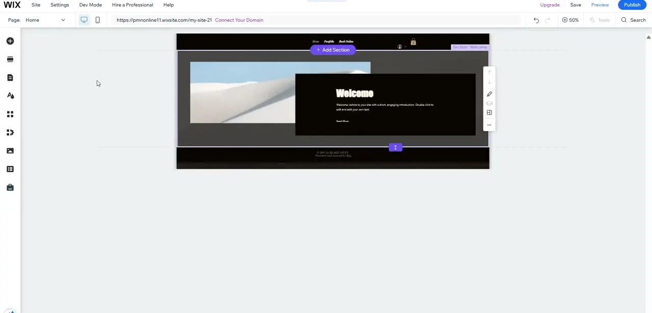 A Welcome section placed on the canvas, with its placeholder heading and description ready to be edited.