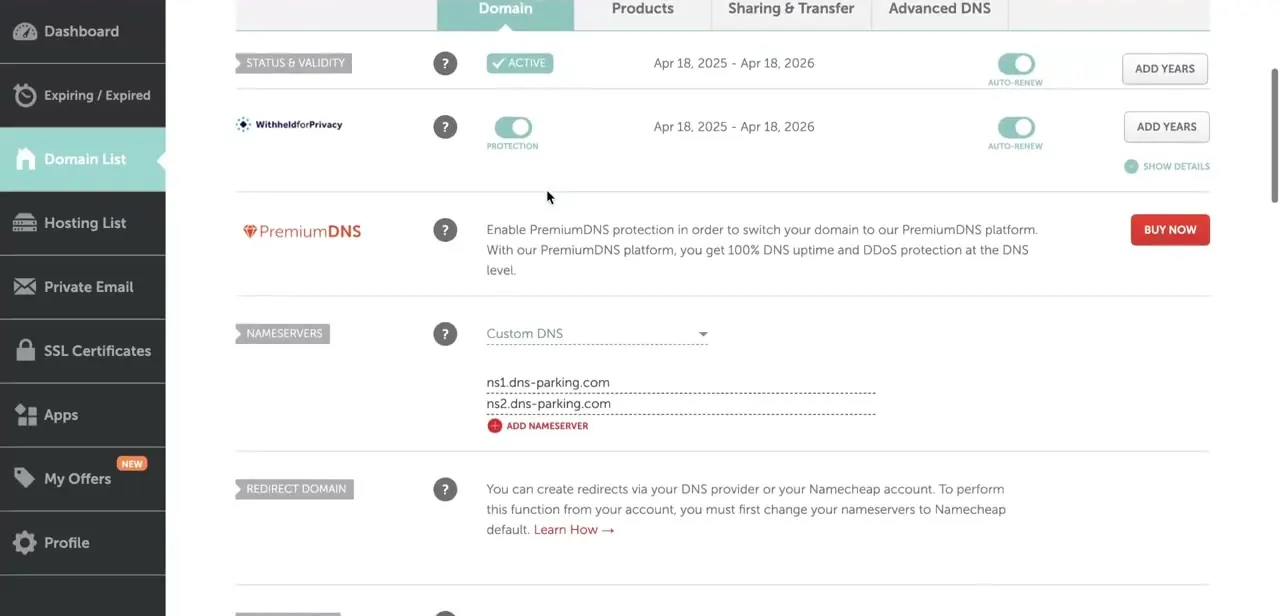 The Nameservers section set to Custom DNS, with the Redirect Domain note explaining that Namecheap-default nameservers are required first.
