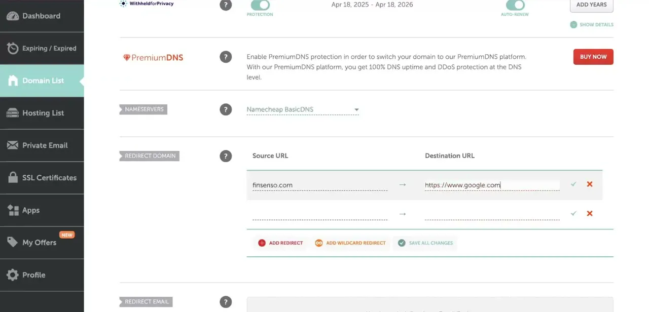The Redirect Domain form filled in, forwarding finsenso.com to a destination URL, with options to add another redirect or a wildcard redirect.