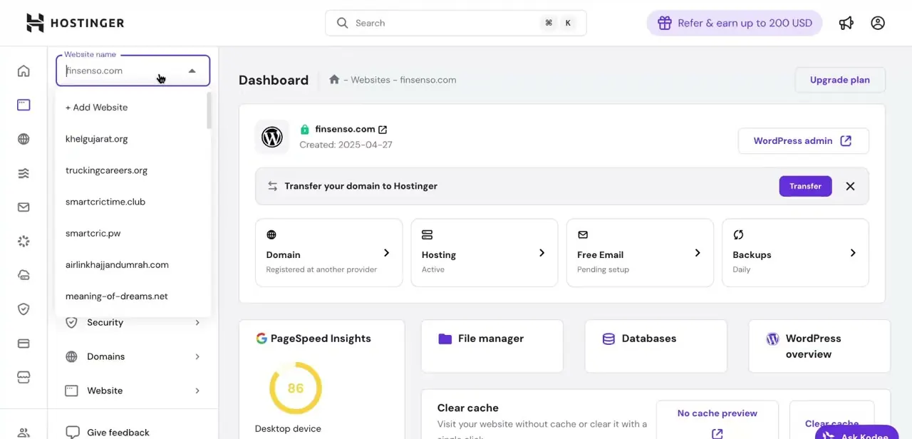 The Hostinger dashboard for a selected website, showing domain status, hosting, email, and backup summaries — this is where you navigate into subdomain settings next.
