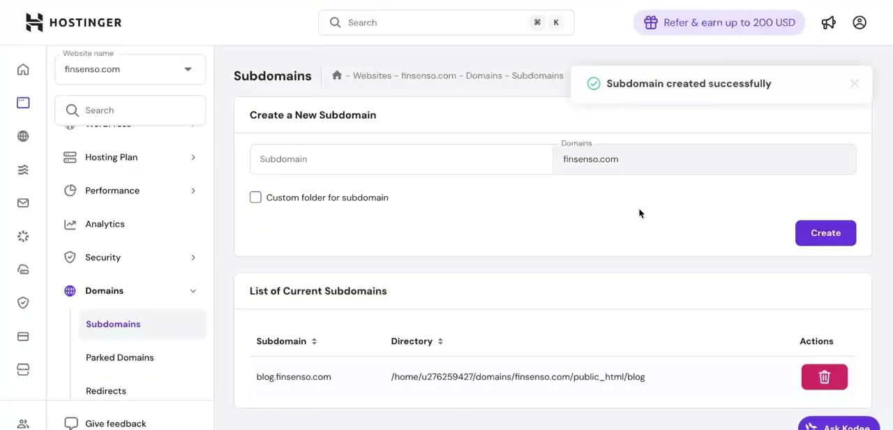 Hostinger's Subdomains page confirming "Subdomain created successfully," with blog.finsenso.com listed and its directory path shown under List of Current Subdomains.