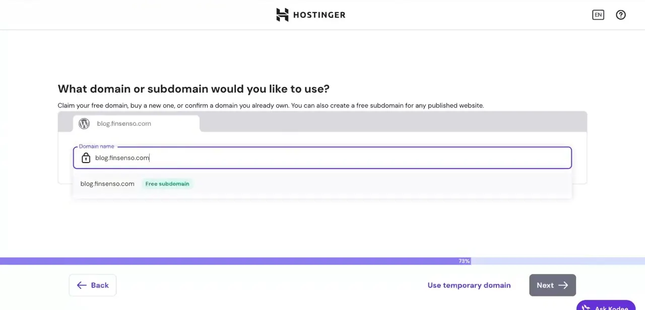 The Hostinger website setup wizard, with blog.finsenso.com selected as a free subdomain before installing a site on it.