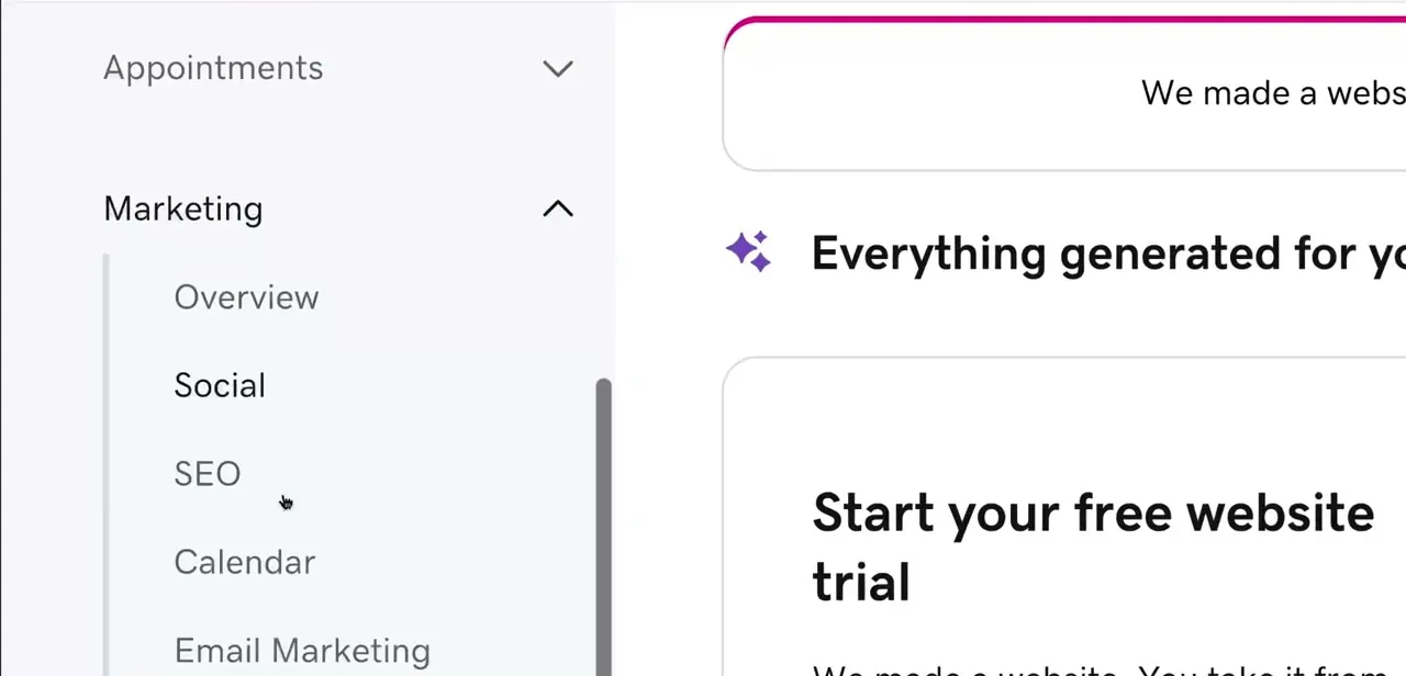 The Marketing menu expanded in the left sidebar, with Social listed alongside SEO, Calendar, and Email Marketing.