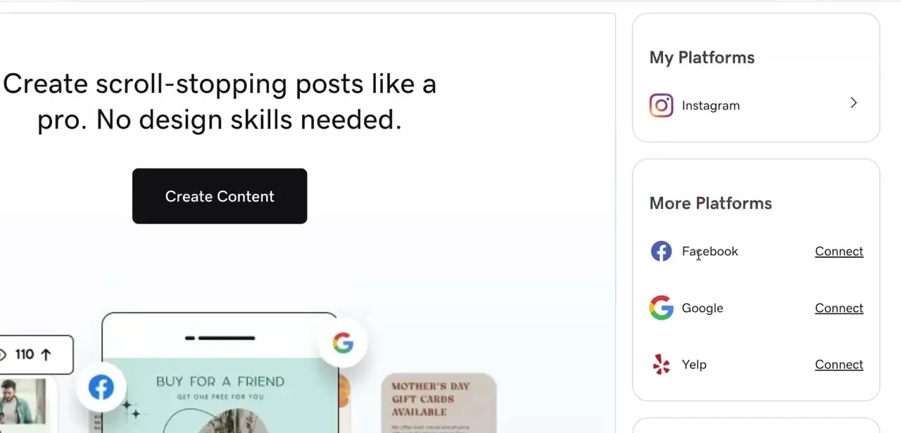 The Social page, showing Instagram already connected under My Platforms and Facebook, Google, and Yelp waiting to be connected under More Platforms.
