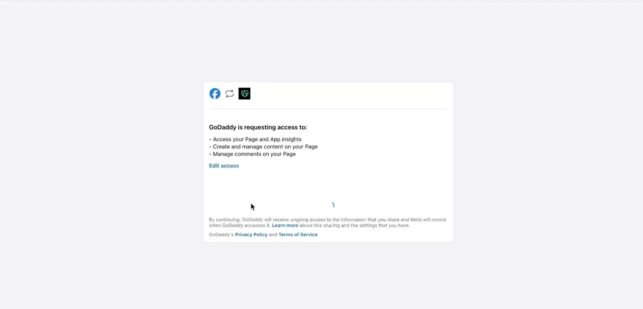 Facebook's permission prompt, listing the specific access GoDaddy is requesting on your Page before the connection completes.