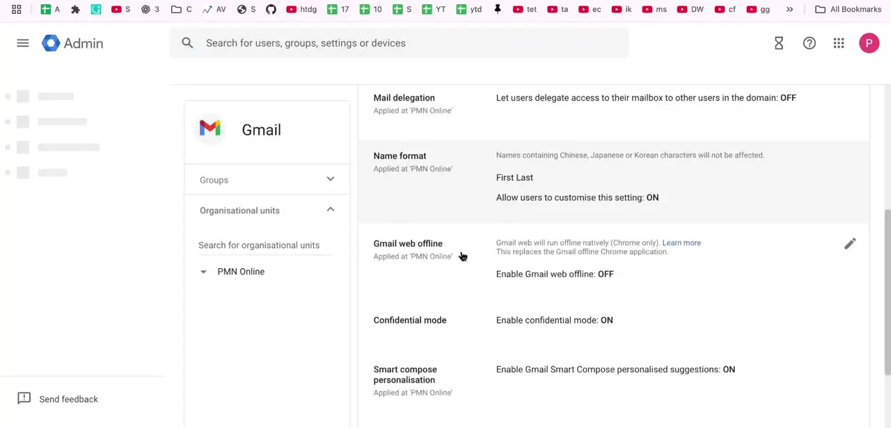 Gmail's User Settings page with Mail delegation listed as OFF, alongside Name format, Gmail web offline, and Confidential mode.