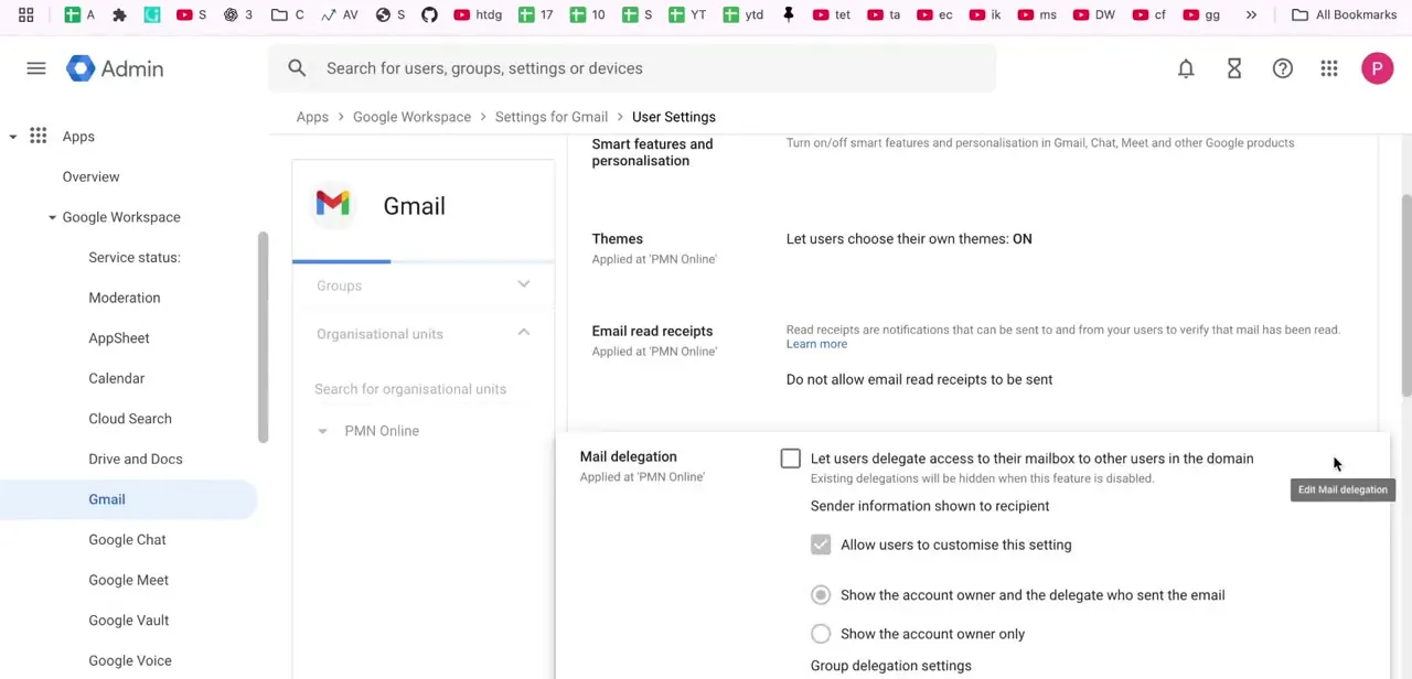The expanded Mail delegation panel, with the enable checkbox and the sender-information options that control what recipients see.