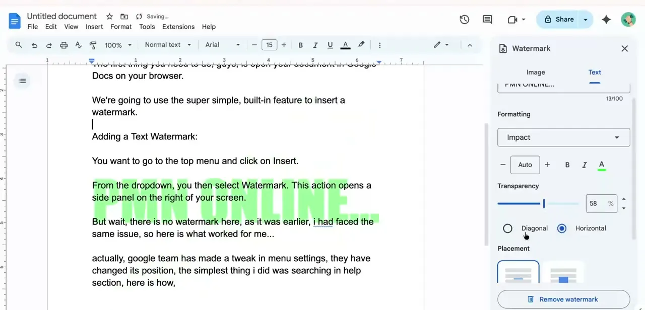 The Watermark panel's formatting controls — font, transparency slider, and a toggle between diagonal and horizontal orientation.