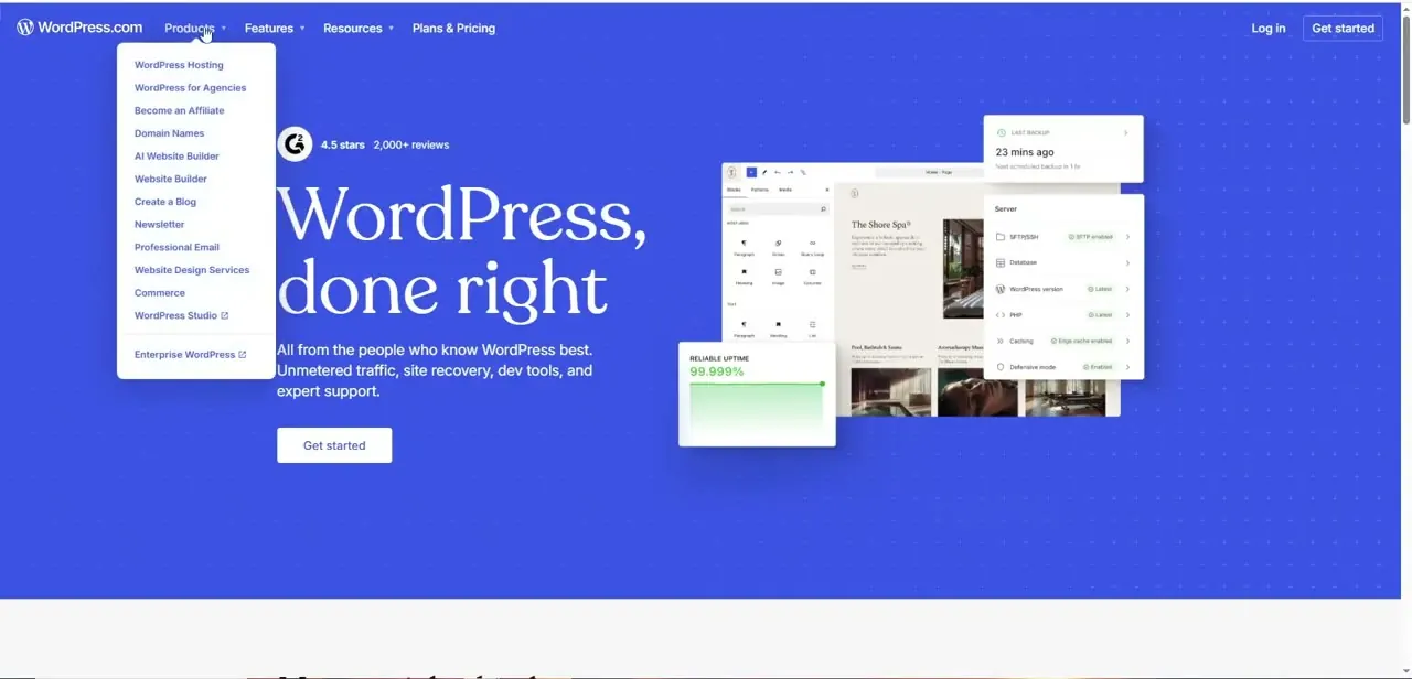 WordPress.com's homepage with its Products menu open, listing Hosting, AI Website Builder, Newsletter, and Commerce as separate offerings, next to a dashboard preview showing uptime and backups.