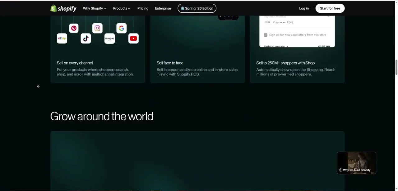Shopify's homepage highlighting multichannel selling (eBay, Pinterest, TikTok, Amazon, Google, YouTube), in-person sales via Shopify POS, and a checkout preview with a saved card.