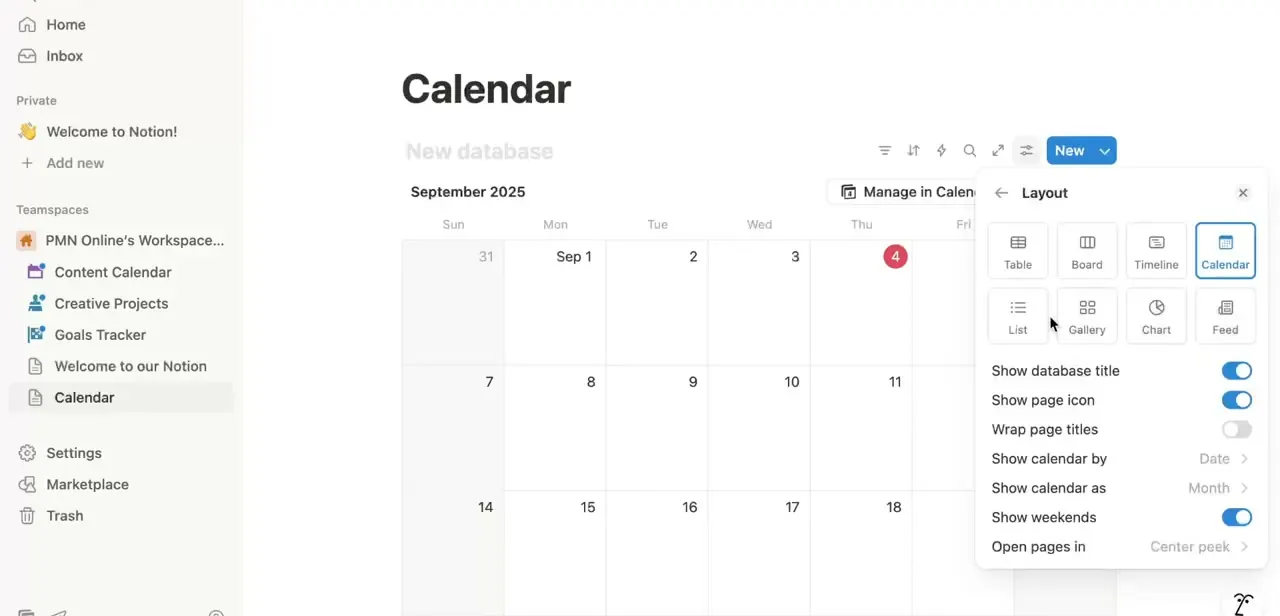 The Layout panel with Calendar selected. The same database can switch between Table, Board, Timeline, and other views without losing any data.