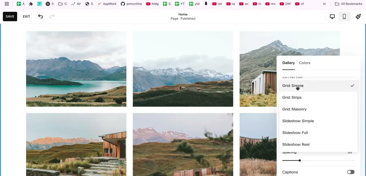 The Gallery Type dropdown, showing Grid: Simple selected alongside the Slideshow: Simple, Full, and Reel options below it.