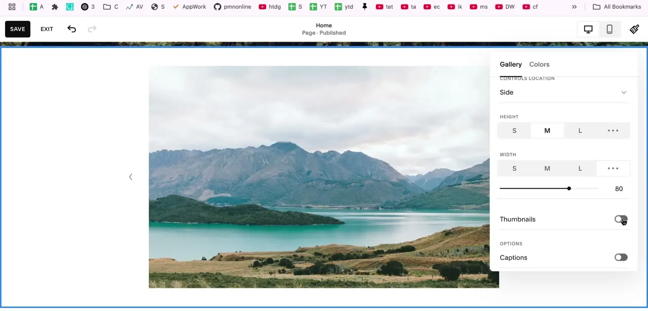 The slideshow's size controls: Height, Width at 80, and a Thumbnails toggle, beneath the main preview image.