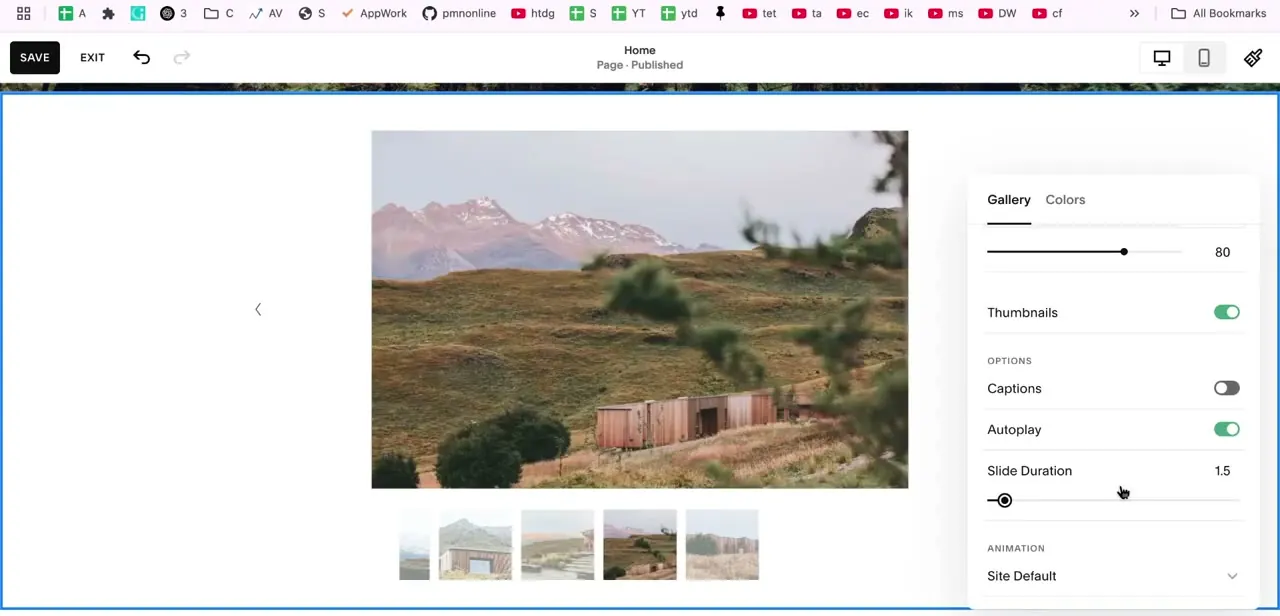 Thumbnails and Autoplay both enabled, with Slide Duration set to 1.5 seconds and the thumbnail strip visible under the main image.