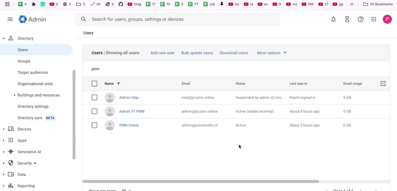 The Users list with one row reading "Suspended by admin" in the Status column beside two active accounts.