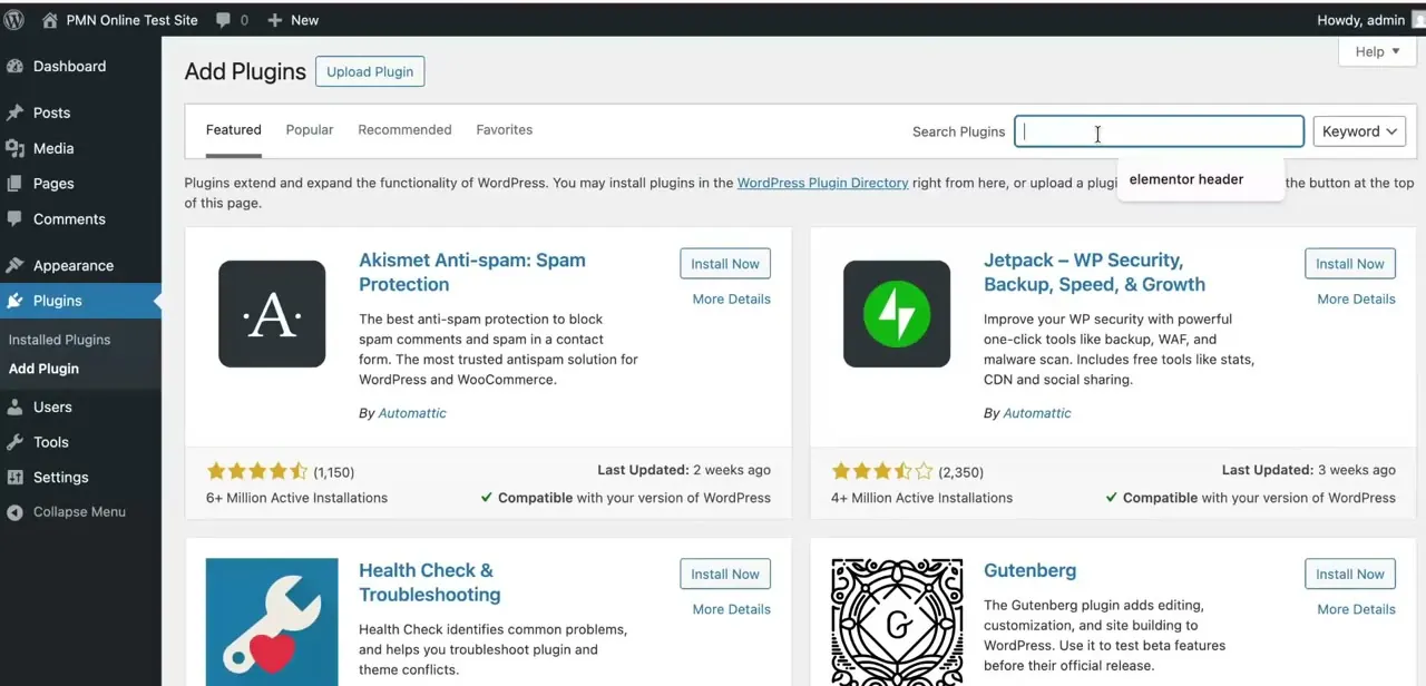 Searching for a plugin from the local site's Add Plugins screen. Installing Elementor here works exactly the same way it would on a live WordPress site.