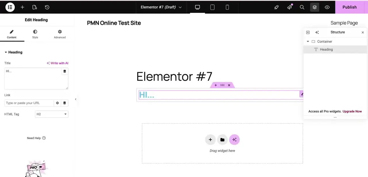 Editing a Heading widget inside a container on a local WordPress site. The Structure panel on the right shows the container and widget nesting as the page is built out.