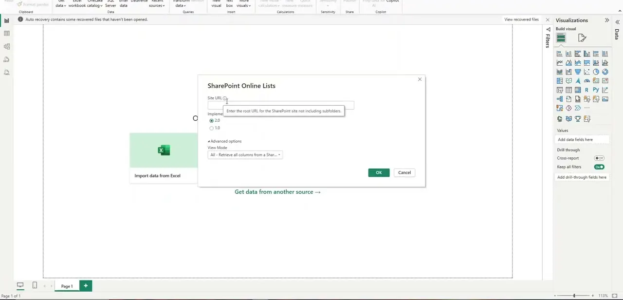 The SharePoint Online Lists connector dialog — Site URL, an Implementation choice between 2.0 and 1.0, and an Advanced options section with View Mode.