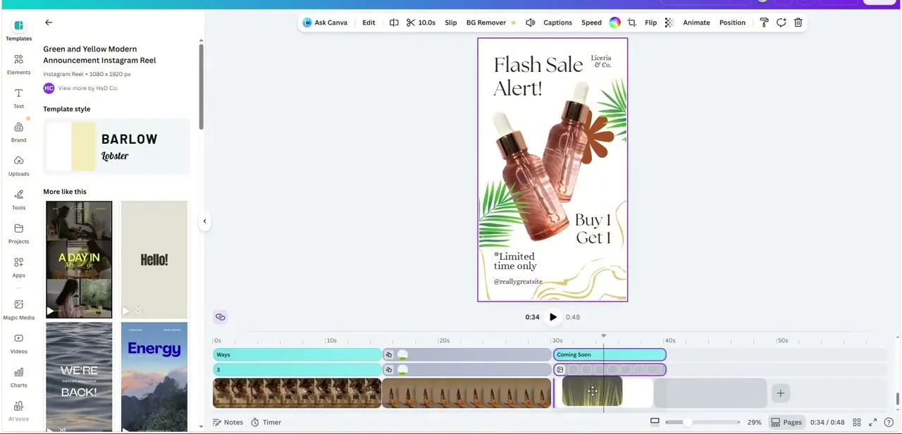 Browsing template scenes to add as a new segment — this one a Flash Sale announcement layout with matching fonts and "More like this" suggestions.
