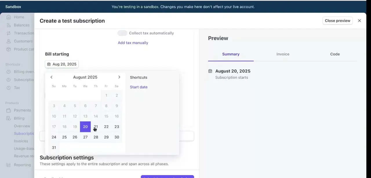 The Bill starting date picker inside Create a test subscription, with August 20, 2025 selected as the start date.