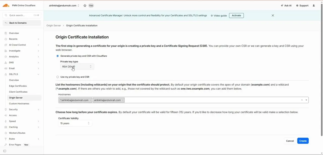 The Origin Certificate Installation form, showing the private key type, covered hostnames, and certificate validity period before creating the certificate.
