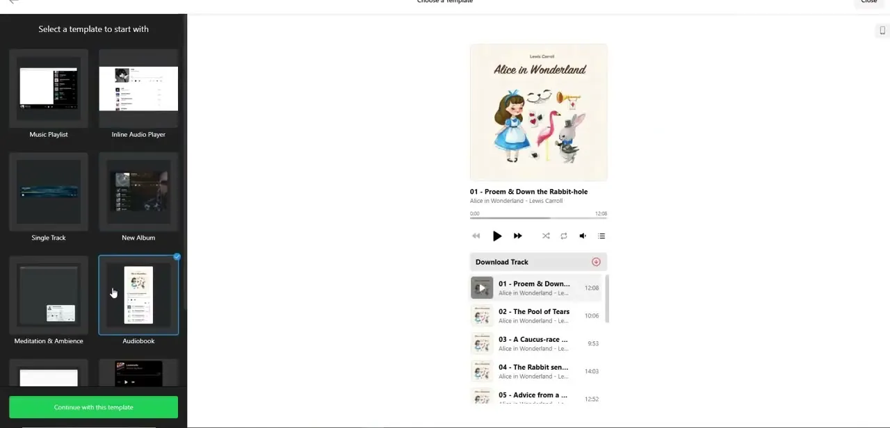 The Audio Player template picker, with Music Playlist, Inline Audio Player, Single Track, and Audiobook options, and a live preview of the selected template on the right.