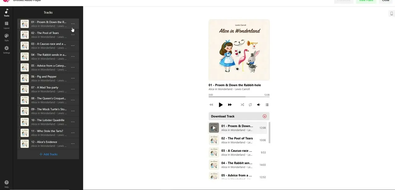 The configured Audio Player widget, with a full track list on the left and a live cover-art preview of the player on the right.