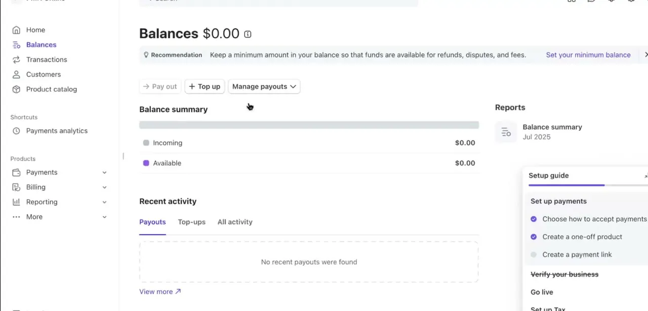 The Balances page, with Pay out and Manage payouts controls and a Setup guide checklist on the right tracking account completion.