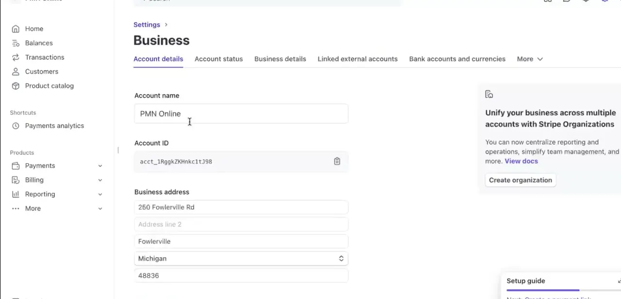 The Business account details screen, where your account name and business address need to be complete and verified before some payout features unlock.