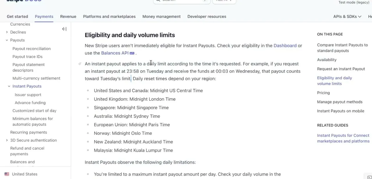 Stripe's documentation page on Instant Payouts eligibility, listing the daily reset time for each supported region.
