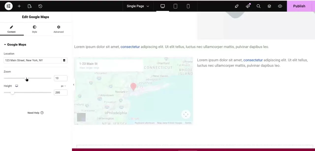 The Google Maps widget's Content settings — a plain address in the Location field, plus Zoom and Height sliders. The map preview updates immediately as these change.