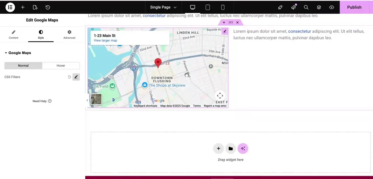The Google Maps widget's Style tab, with CSS Filters available under the Normal state — one of the few ways to adjust the map's look beyond size and zoom.