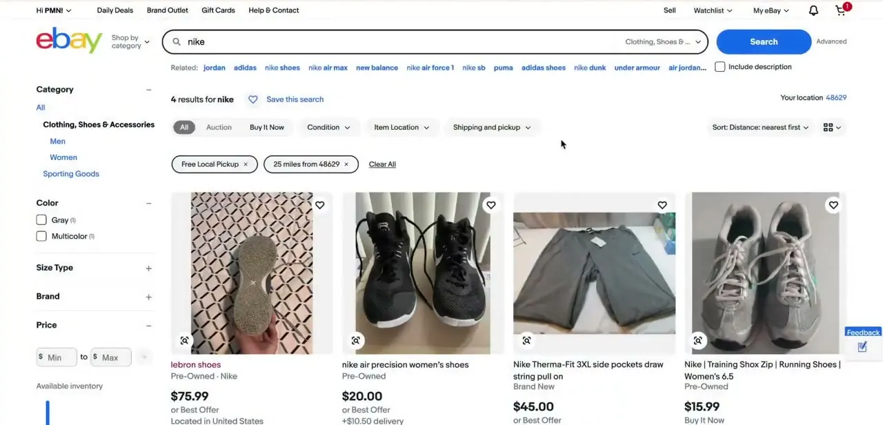 eBay's search filters with Free Local Pickup and a 25-mile radius applied, showing only nearby items.