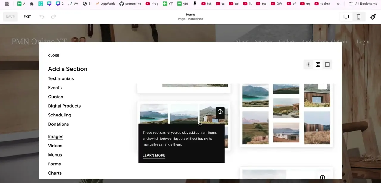 The Add a Section panel with Images selected, showing a gallery preview and a tooltip explaining that layouts can be switched without manually rearranging content.