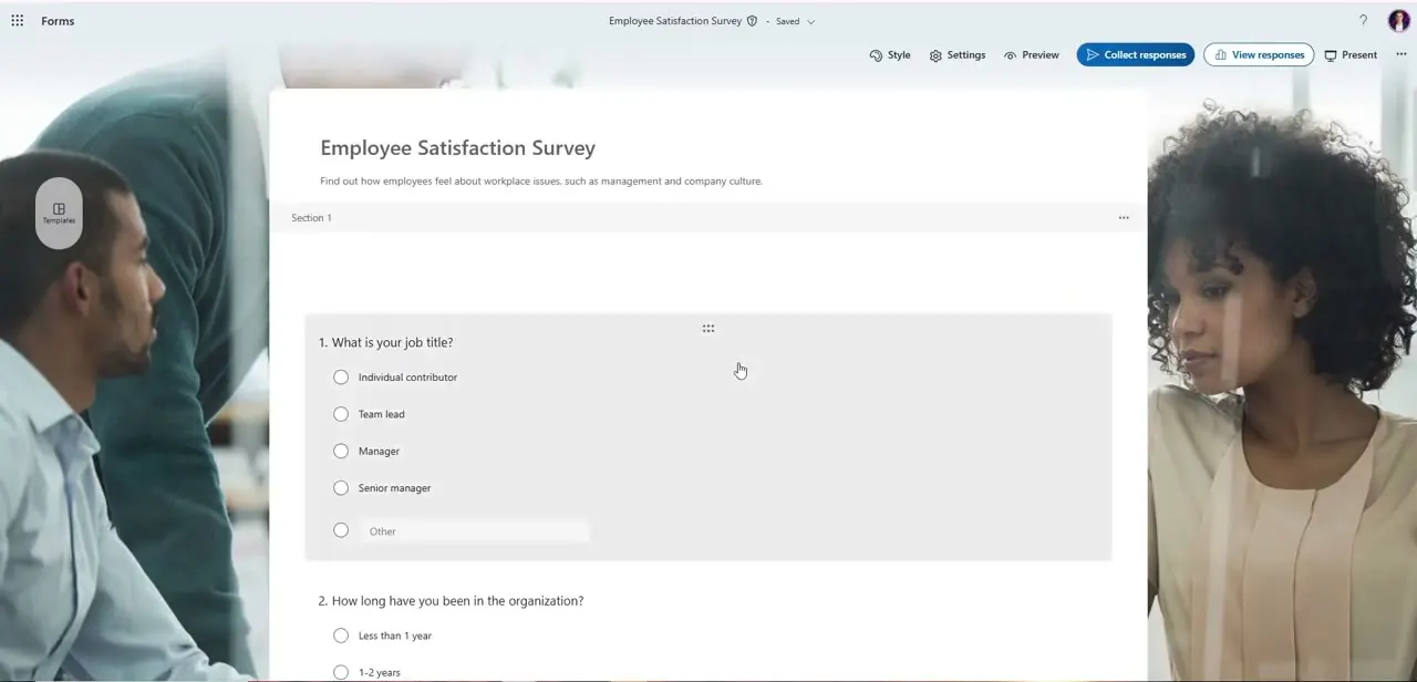 A form open in the editor, with its questions listed below the title and the full toolbar, including Present, along the top.