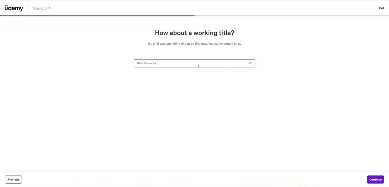 Step 2 of the course-creation wizard, asking for a working title with a note that it can be changed later.