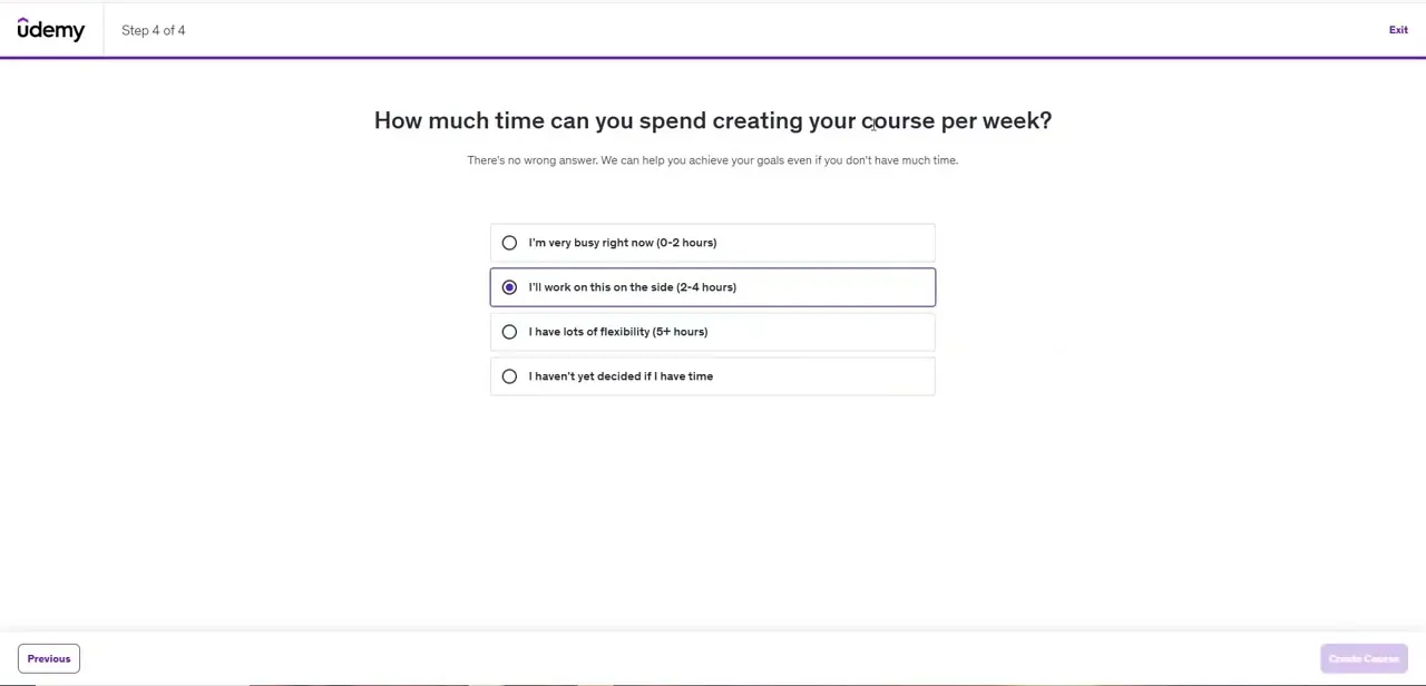 The last step of the wizard, asking how many hours per week you can dedicate to building the course.