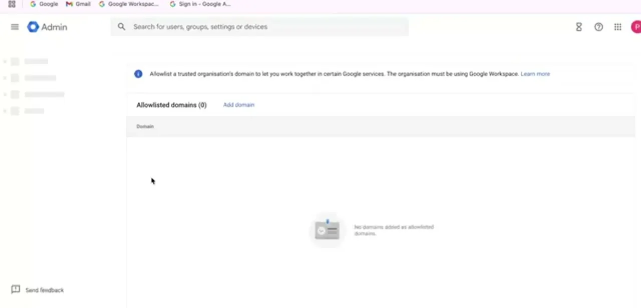 The Allowlisted domains page before any domain has been added. Add domain opens a simple field for the exact domain name.