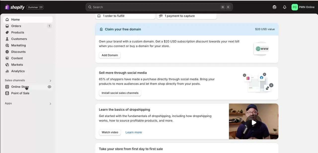 The Shopify admin Home dashboard, the starting point for both the Payments settings and the theme editor.