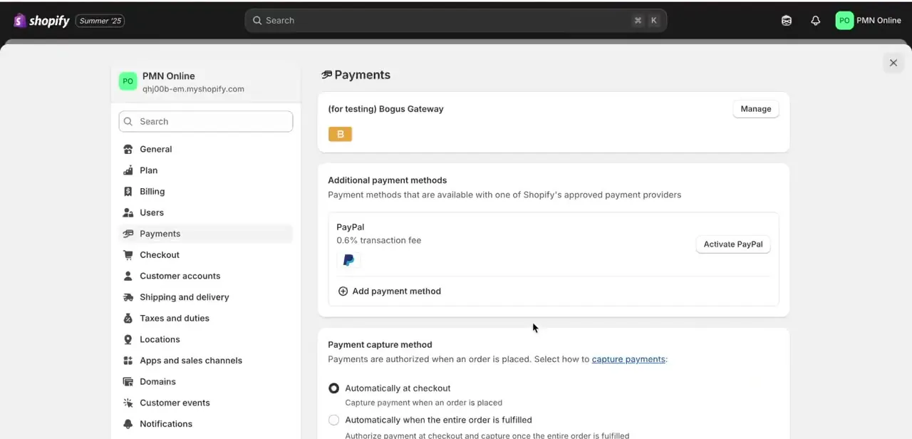The Payments settings page, showing the testing-only Bogus Gateway active and PayPal available as an additional payment method to activate.