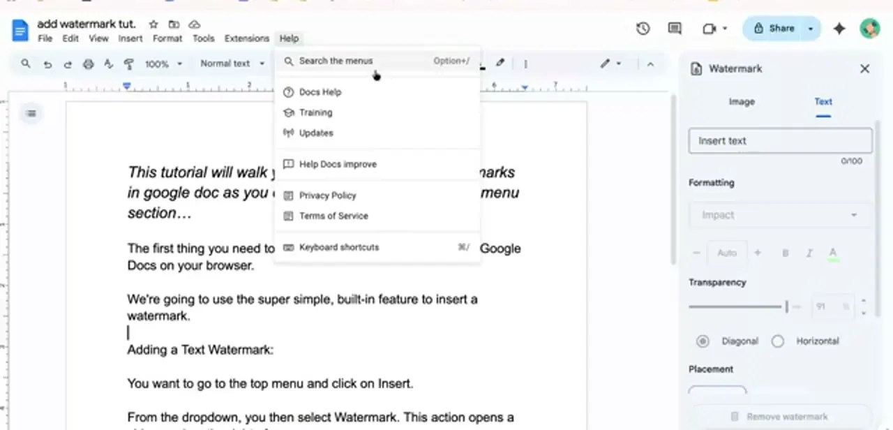 The Help menu, with Search the menus at the top — typing what you're looking for here skips the guesswork of digging through Insert's submenus.