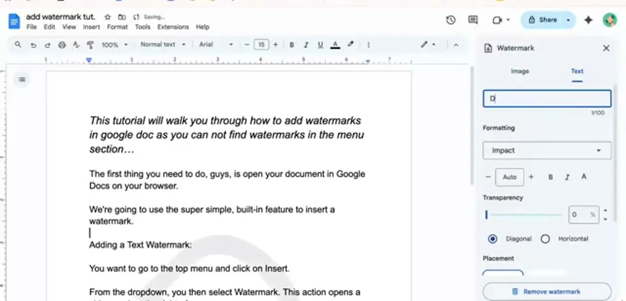 Typing text into the watermark field with Impact formatting applied and transparency pulled down to make the stamp more solid, Diagonal placement selected.