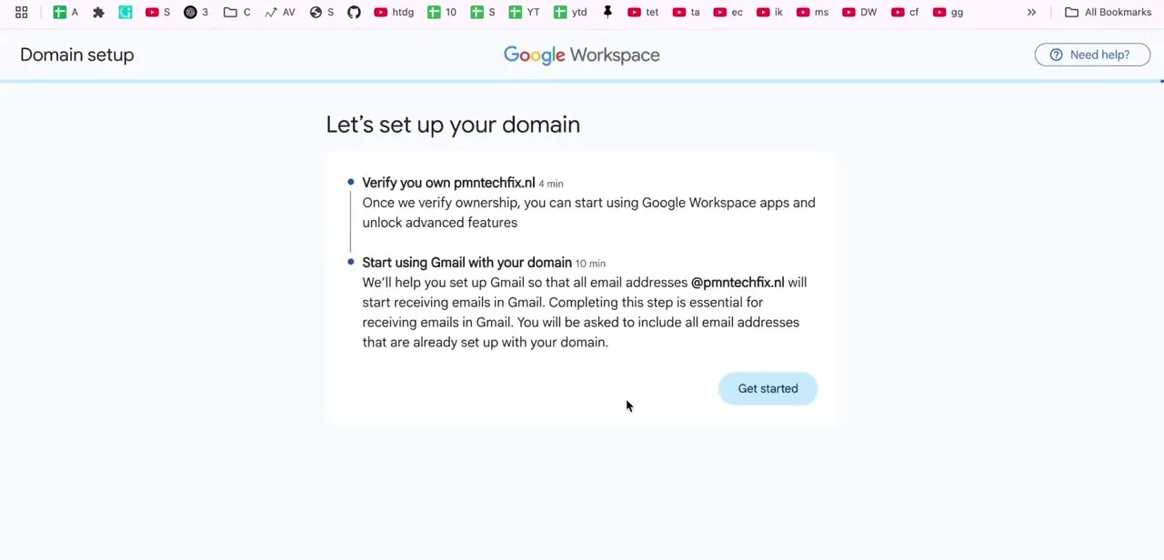 Google Workspace's domain setup checklist: verify ownership first, then a separate step to route Gmail through the domain, each with a time estimate.