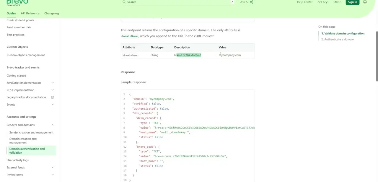 Brevo's developer documentation showing a sample domain configuration response, with the DKIM record and Brevo ownership code both returned as TXT record values.