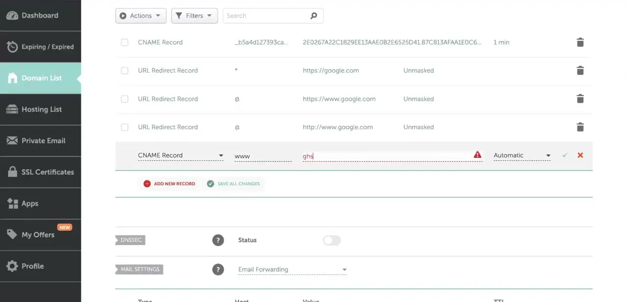 A new CNAME record being added in the Host Records table, with Host, Value, and TTL fields open and the Add New Record / Save All Changes buttons below.