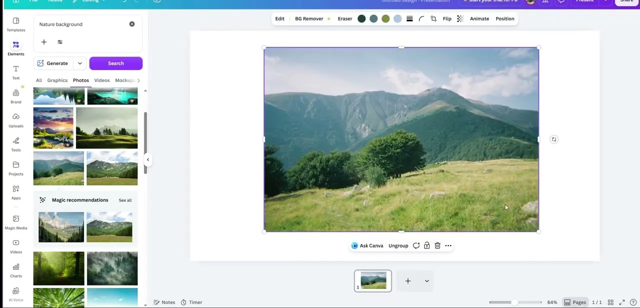 The photo selected on the canvas, with Animate available in the toolbar alongside Edit, BG Remover, and Eraser.