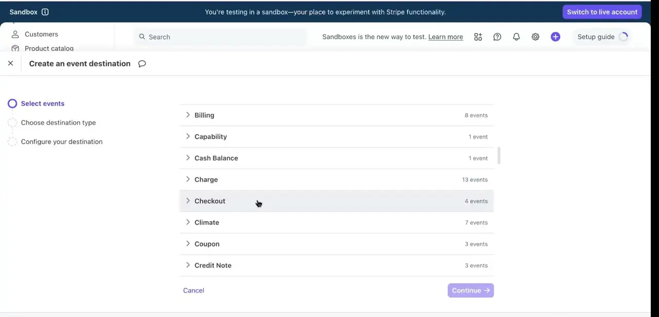 Step one of the event destination wizard, with event categories like Billing, Charge, Checkout, and Coupon listed alongside their event counts.
