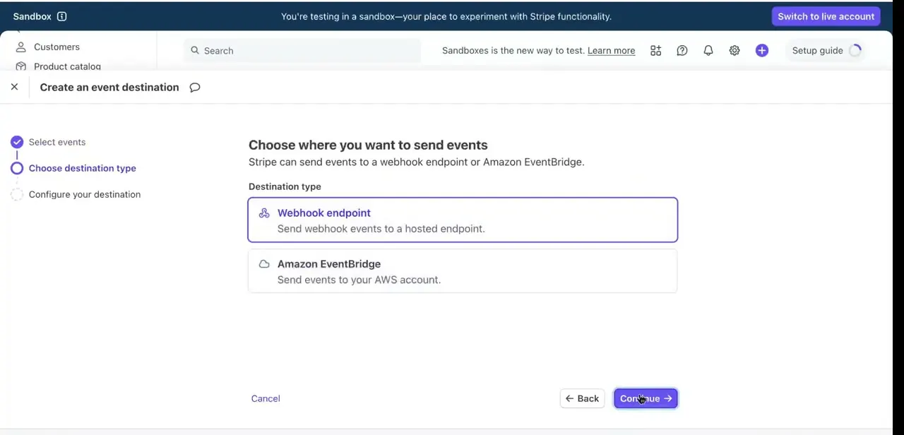 Step two of the wizard: choosing a destination type for delivered events.