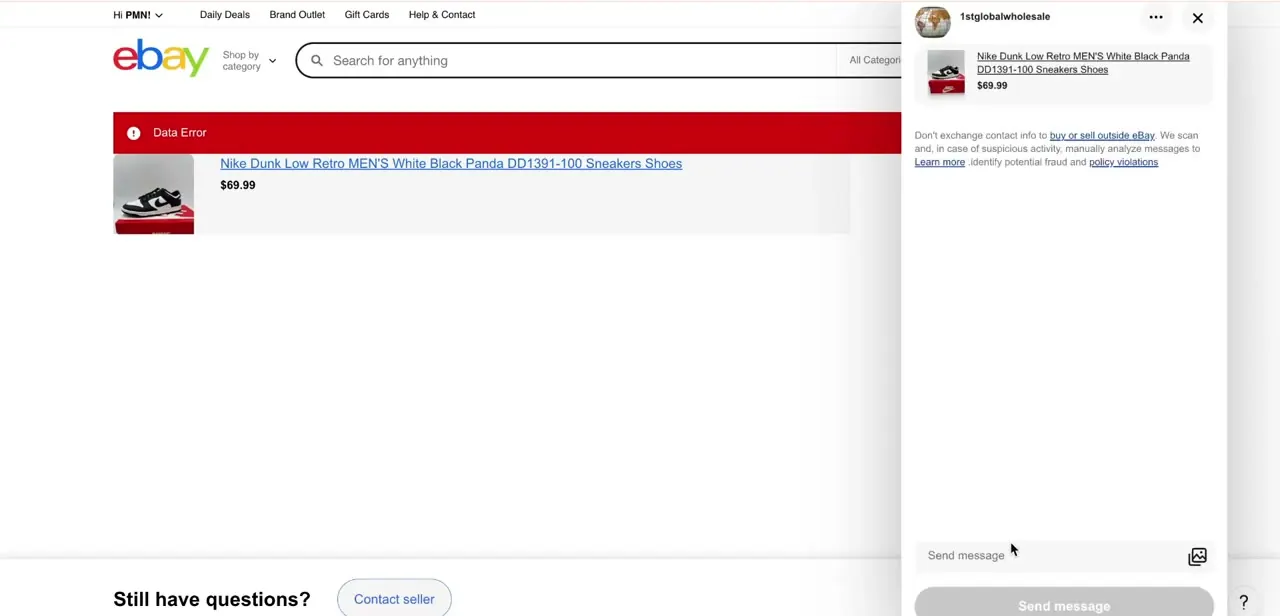 The messaging panel opened directly from a purchased item, ready to send a message tied to that specific order.