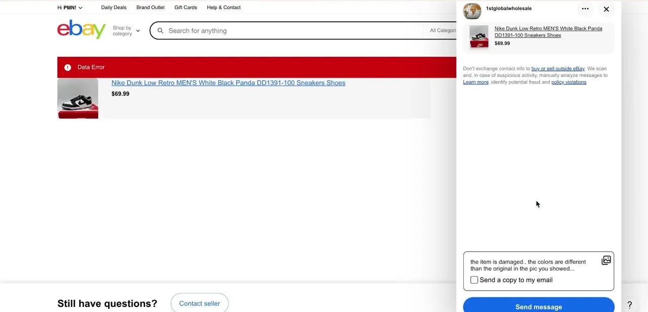 A message describing item damage and a color mismatch, written in the seller's chat thread with the option to email yourself a copy.